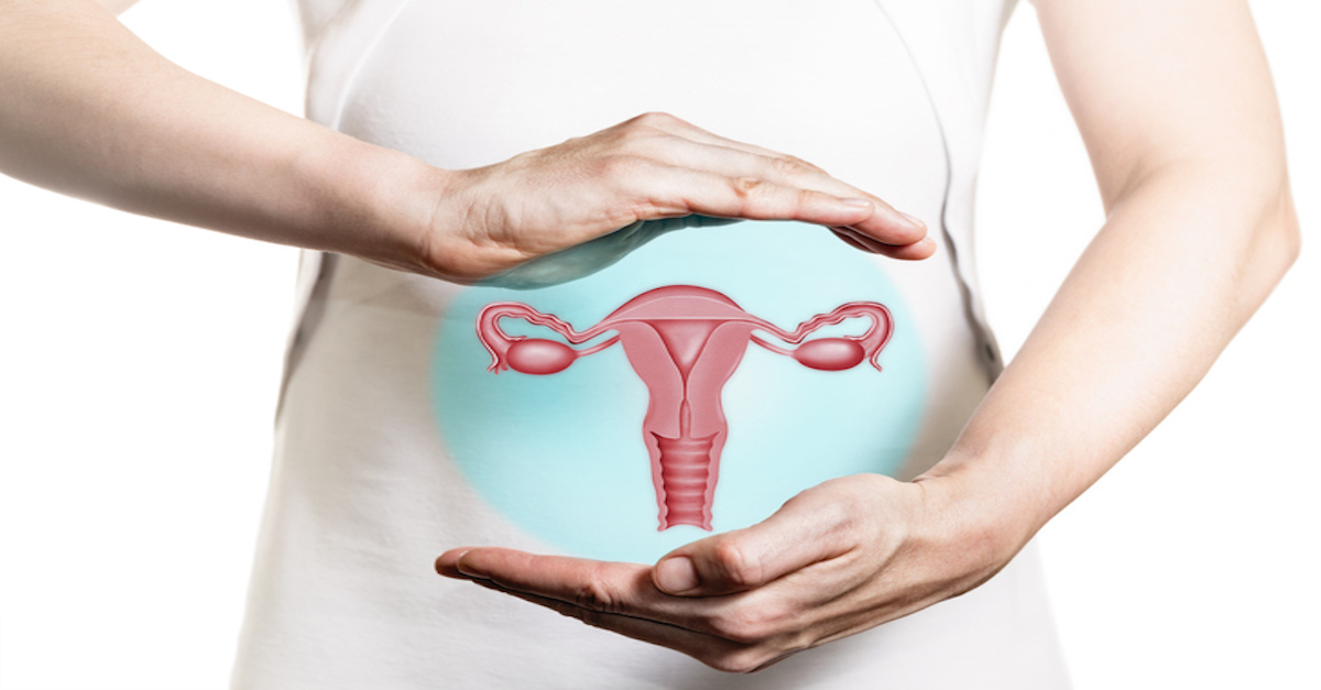 Image of a woman in a white dress and 3d model of the reproductive system of women above her hands.