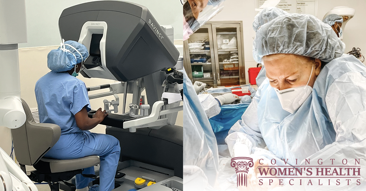 Dr. Sherley Samuels and Dr. Cathy Larrimore performing minimally invasive gynecologic surgery in the operating room