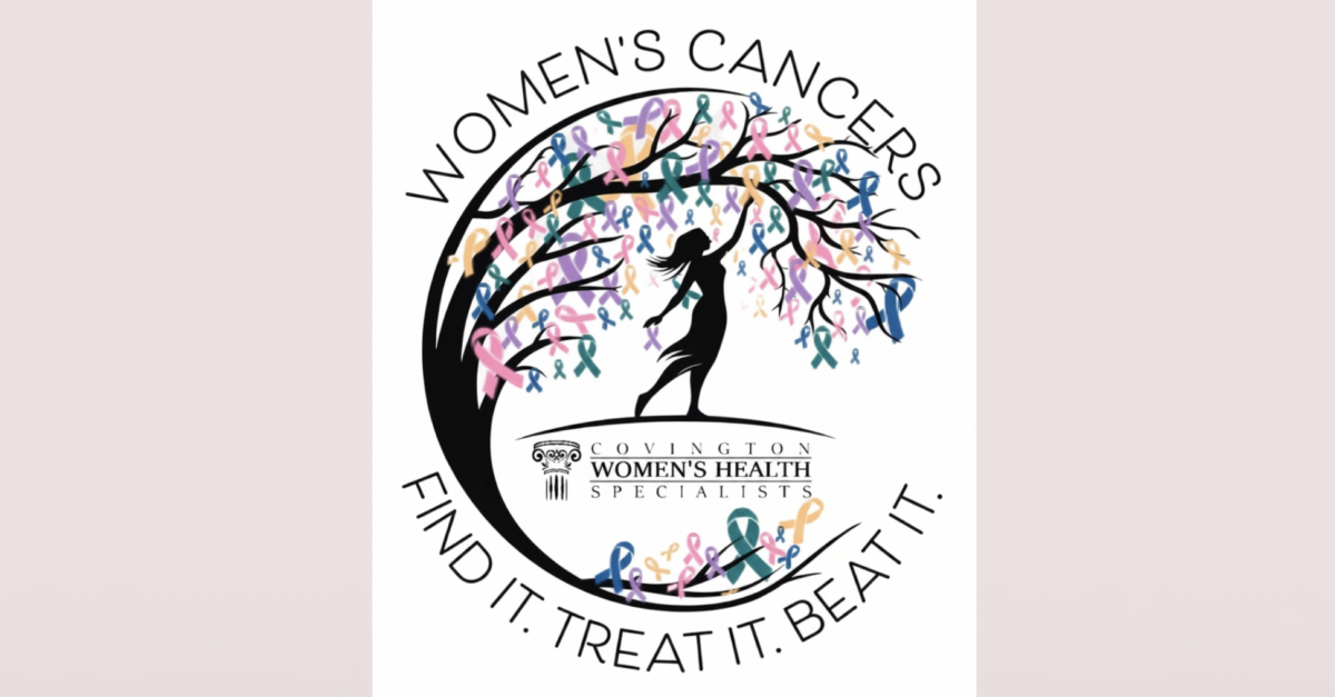 Cancer Survivors Celebration logo featuring a woman placing gynecologic cancer ribbons in a tree