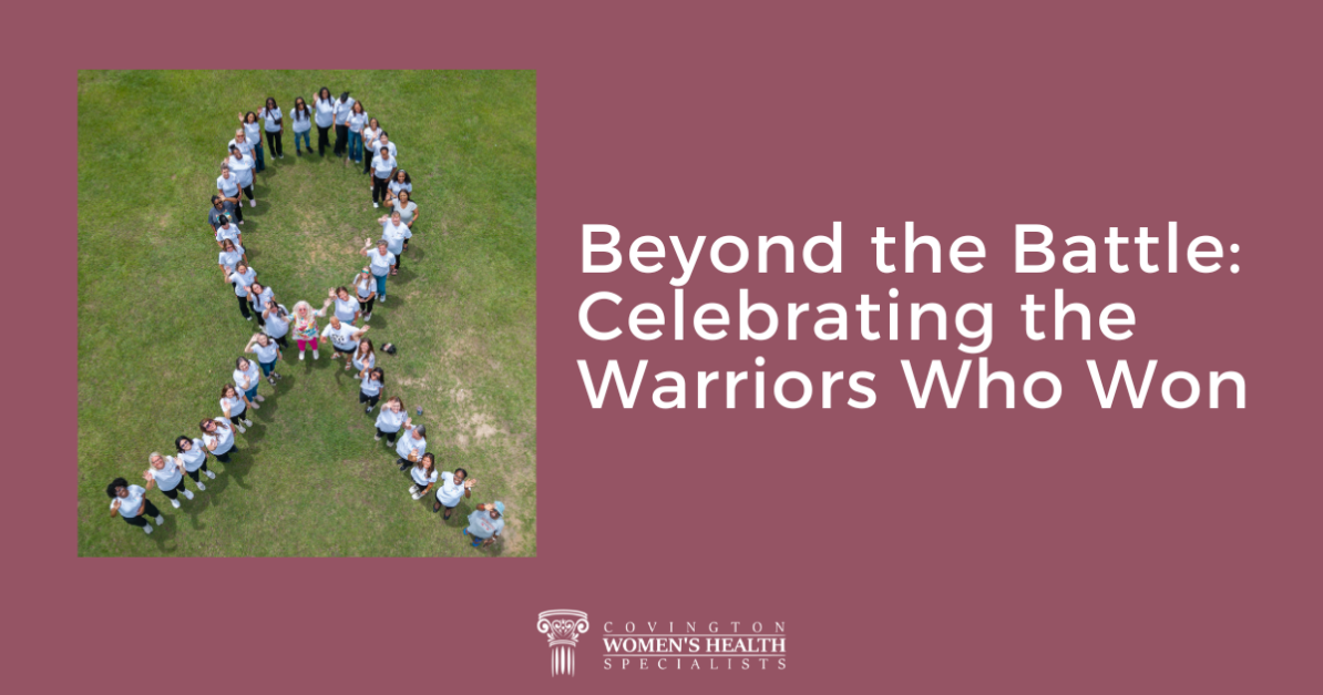 Attendees at Covington Women's Health Specialists' Cancer Survivors Celebration gather outdoors to form a cancer awareness ribbon.