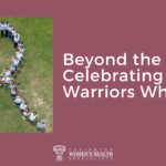 Attendees at Covington Women's Health Specialists' Cancer Survivors Celebration gather outdoors to form a cancer awareness ribbon.