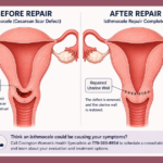 Medical diagram of an isthmocele, or Cesarean scar defect, before and after surgical repair